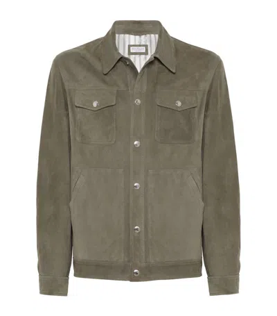 Brunello Cucinelli Suede Shirt Jacket In Military