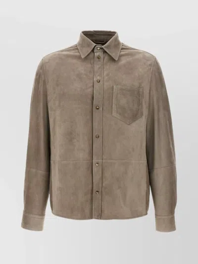 Brunello Cucinelli Suede Shirt With Chest Pocket And Point Collar In Brown