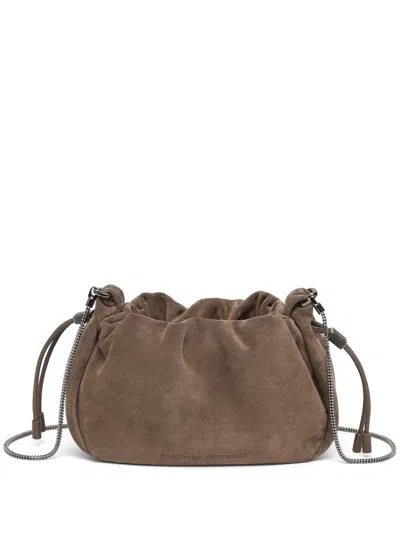 Brunello Cucinelli Suede Mini Mellow Bucket Bag In Taiga