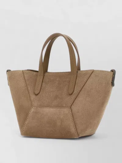 Brunello Cucinelli Suede Shoulder Bag Structured Shape Handles In Brown