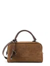 BRUNELLO CUCINELLI SUEDE SHOULDER BAG WITH LEATHER INSERTS AND LETTERING LOGO
