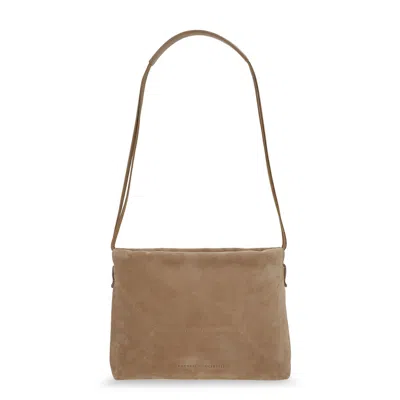 Brunello Cucinelli Suede Shoulder Bag With Logo On The Front In Sand