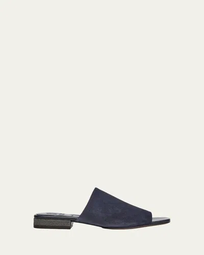 Brunello Cucinelli Suede Slide Sandals With Monili Heel In Blue