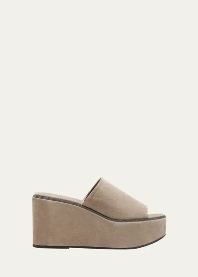 Brunello Cucinelli Suede Slide Wedge Platform Sandals In C5859 Beige