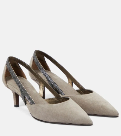 Brunello Cucinelli Suede Monili-detail Pumps 55 In Grey