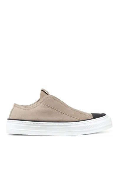 Brunello Cucinelli Suede Slip-on Footwear With Textured Toe Cap In Neutral