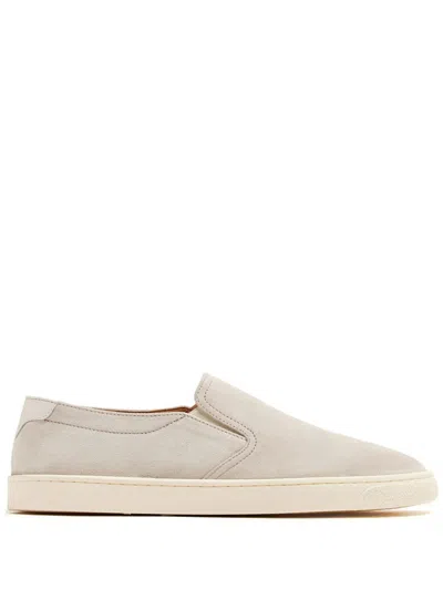 Brunello Cucinelli Leather-trimmed Suede Slip-on Sneakers In Bone