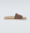 Brunello Cucinelli Suede Slide With Logo Print In Beige