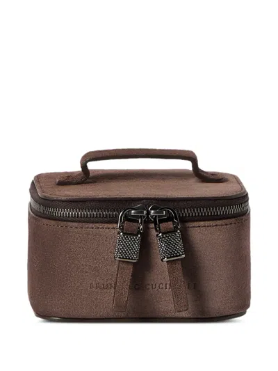 Brunello Cucinelli Suede Small Jewelry Box With Shiny Zipper Pull In Brown