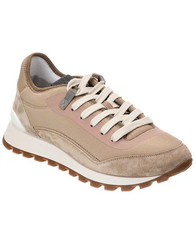 Brunello Cucinelli Embellished Suede-panelled Sneakers In Beige