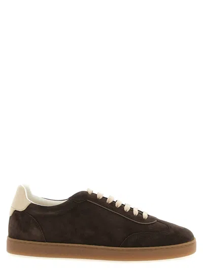Brunello Cucinelli Suede Low-top Sneakers Contrast Detail In Brown