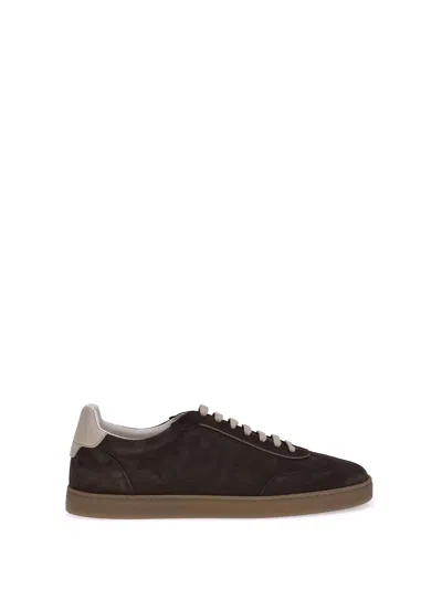 Brunello Cucinelli Suede Low-top Sneakers Contrast Detail In Brown