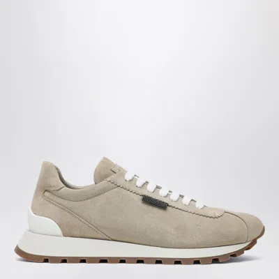 Brunello Cucinelli Suede Sneakers With Shiny Tab In Beige