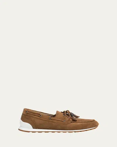 Brunello Cucinelli Suede Sporty Boat Loafers In Sesamo