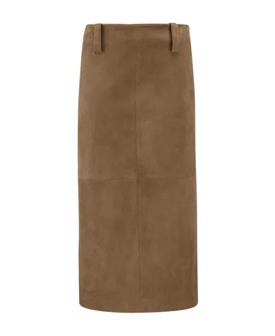 Brunello Cucinelli Suede Straight Midi Skirt In Brown