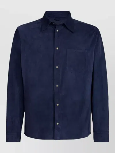 Brunello Cucinelli Suede Texture Shirt Chest Pocket Long Sleeves In Blue