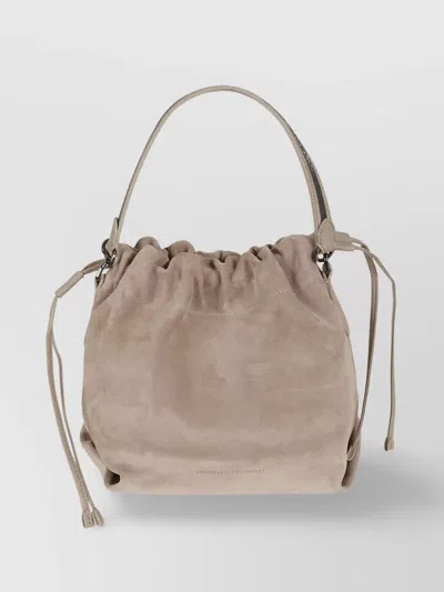 Brunello Cucinelli Suede Texture Shoulder Bag With Metal Accents In Neutral