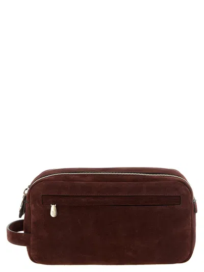 Brunello Cucinelli Suede Toiletry Bag In Burgundy