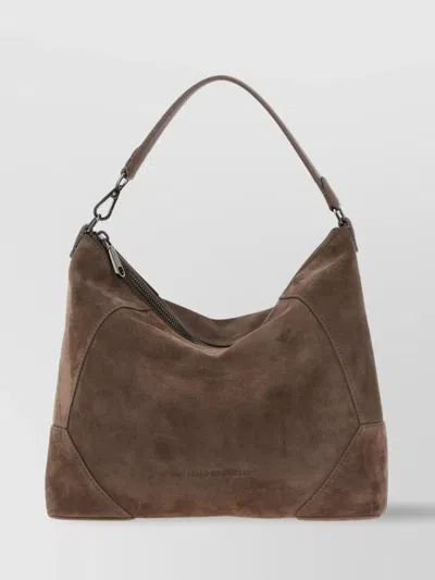 Brunello Cucinelli Suede Top Handle Adjustable Strap Shoulder Bag