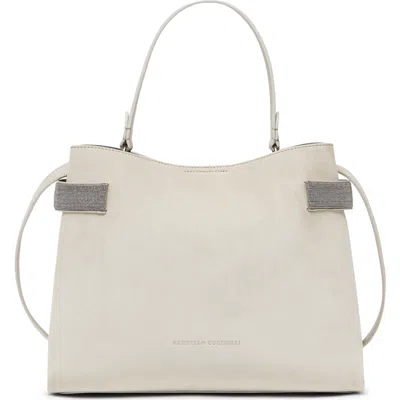 Brunello Cucinelli Suede Top-handle Essence Bag In Light Grey