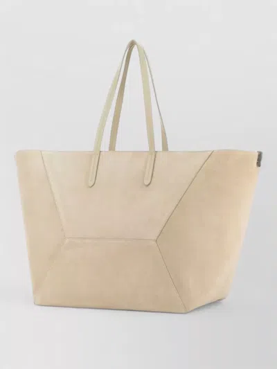 Brunello Cucinelli Suede Tote Bag Geometric Design Handles In Brown
