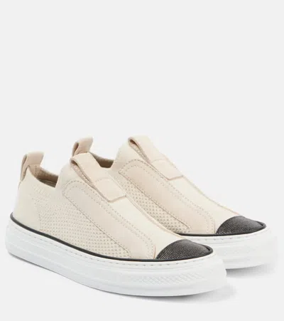 Brunello Cucinelli Suede-trimmed Canvas Sneakers In Beige