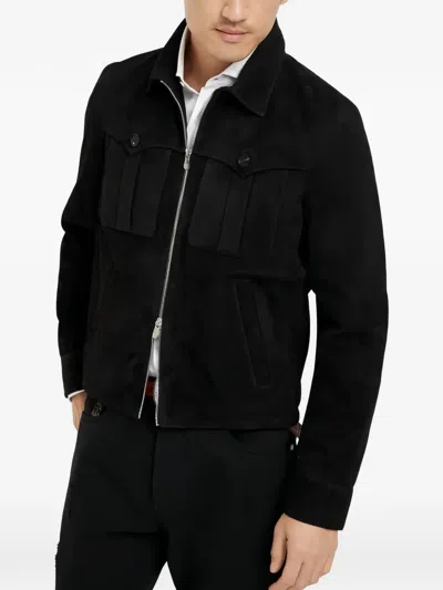 Brunello Cucinelli Suede Trucker Jacket In Black