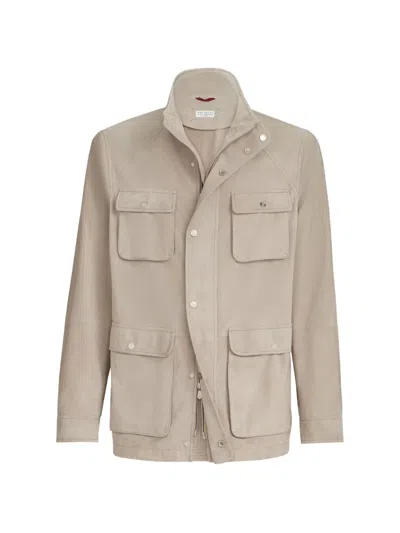 Brunello Cucinelli Suede Unlined Safari Jacket In Neutral
