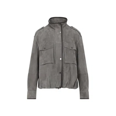 Brunello Cucinelli Women Couture Suede Outerwear With Monile In Gray
