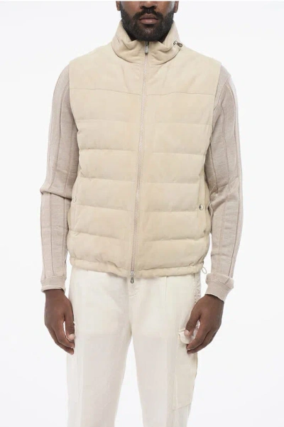 Brunello Cucinelli Suede Vest With Down Padding In Neutral