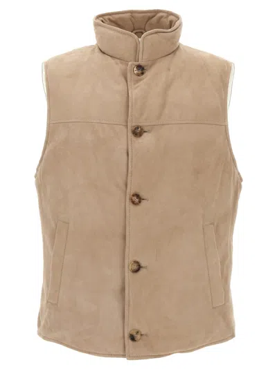Brunello Cucinelli Suede Vest With Goose Down Padding In Brown