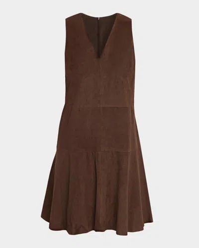 Brunello Cucinelli Suede V-neck Flared Mini Dress In Brown