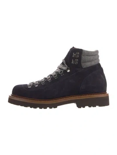Pre-owned Brunello Cucinelli Suede Whipstitch Trim Hiking Boots In Blue