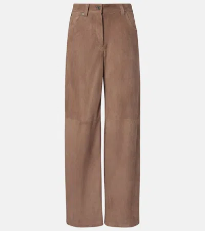 Brunello Cucinelli Embellished Paneled Suede Wide-leg Pants In Brown