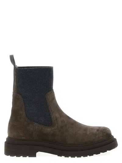 Brunello Cucinelli Suede With Knit Insert Ankle Boot In Brown