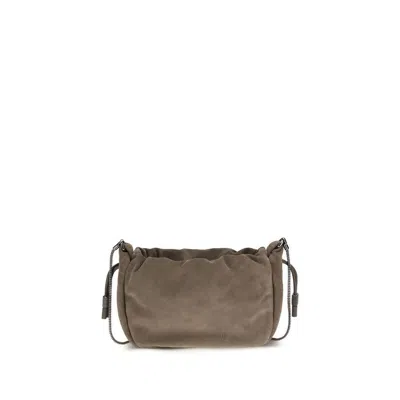 Brunello Cucinelli Suede With Precious Chain Shoulder Bag  Brown