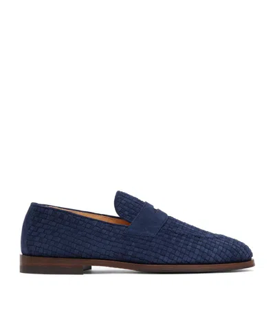Brunello Cucinelli Suede Woven Penny Loafers In Blue