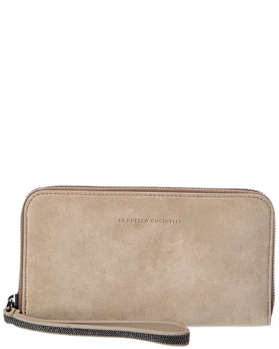 Brunello Cucinelli Suede Zip Around Wallet In Blue