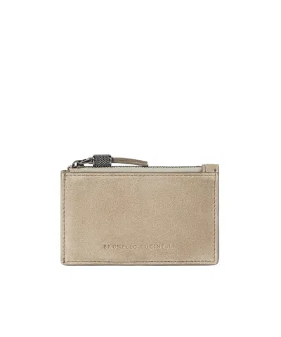 Brunello Cucinelli Suede Zip Card Holder In Brown