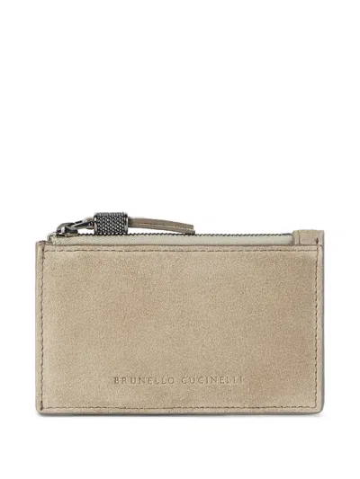 Brunello Cucinelli Suede Zip Card Holder In Neutral
