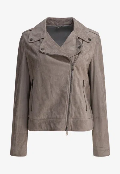 Brunello Cucinelli Suede Zip-up Biker Jacket In Gray