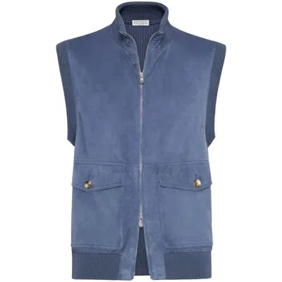 Brunello Cucinelli Suede Zip Vest In Blue
