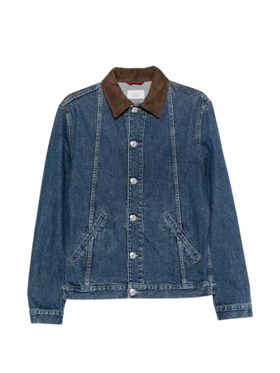 Brunello Cucinelli Suede-collar Buttoned Denim Jacket In Blue