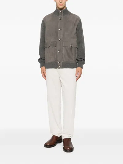 Brunello Cucinelli Suede-panel Ribbed Jacket In Gray