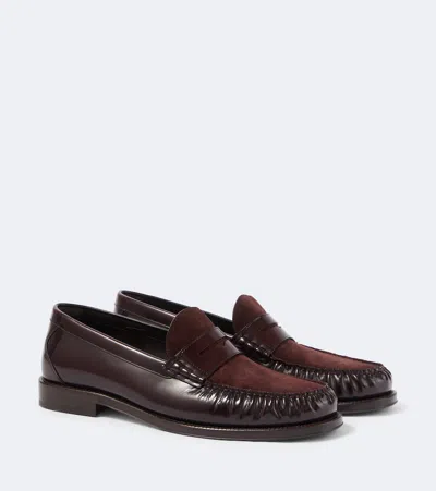 Brunello Cucinelli Suede-paneled Leather Penny Loafers In Burgundy