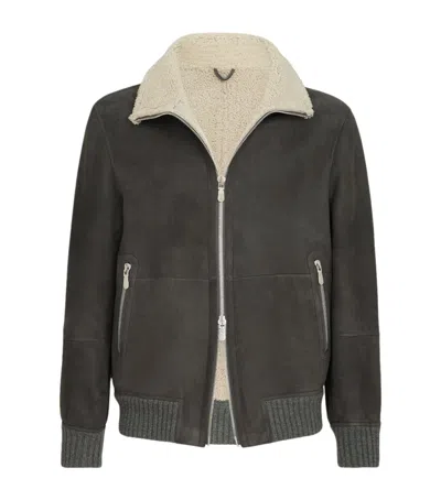 Brunello Cucinelli Suede-shearling Bomber Jacket In Gray