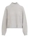 Brunello Cucinelli Beige Cashmere Mock Neck Lana Cashmire Stripe Pullover In Gray