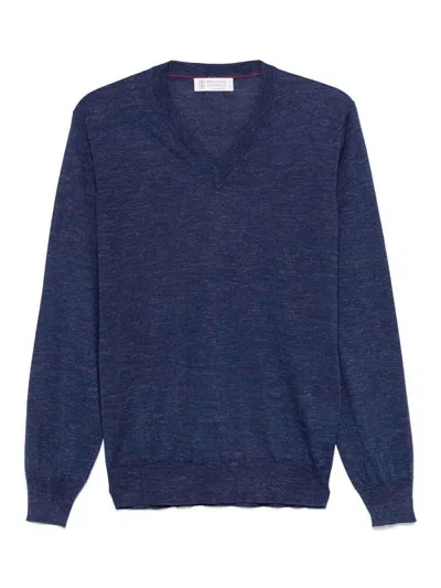 Brunello Cucinelli Long Sleeve V In Blue
