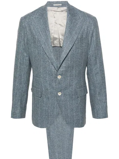 Brunello Cucinelli Speckled-effect Striped Suit In Blue