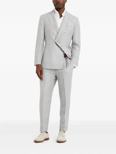 Brunello Cucinelli Double-breasted Checked Suit In Gray